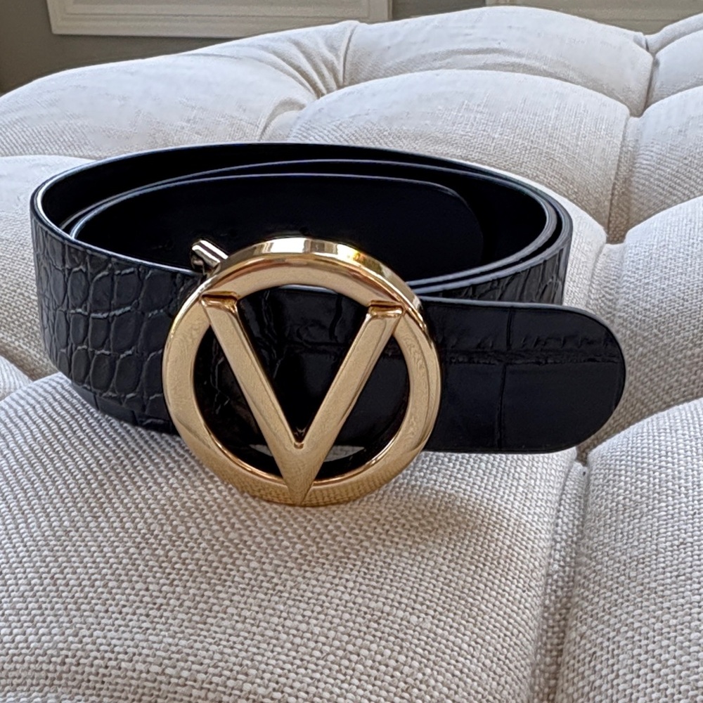 Valentino Black Croc-Embossed Belt with Gold V Buckle